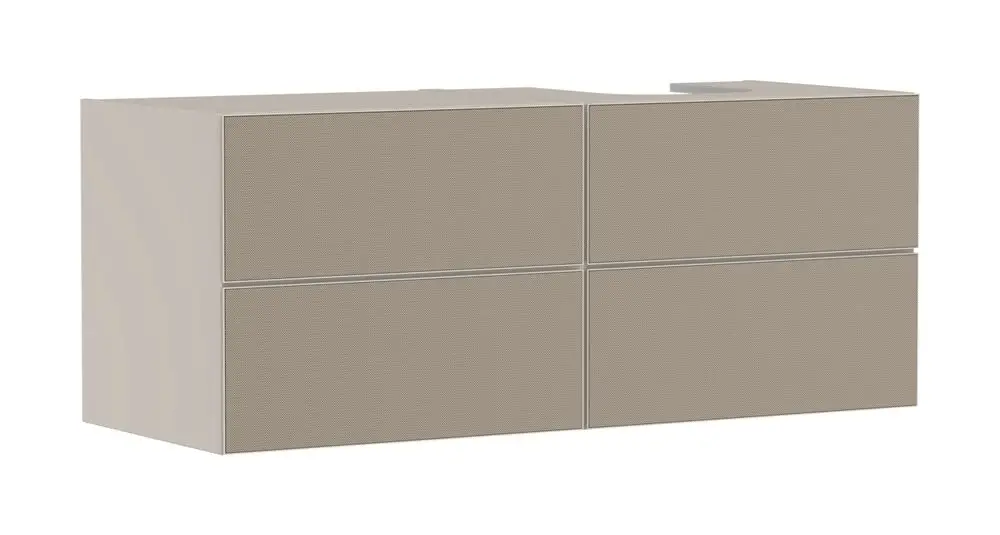 Waschtischunterschrank in sandbeige mit vier Schubladen. Schlichtes Design, geeignet für Konsolen Aufsatzwaschtisch. Marke: Hansgrohe.